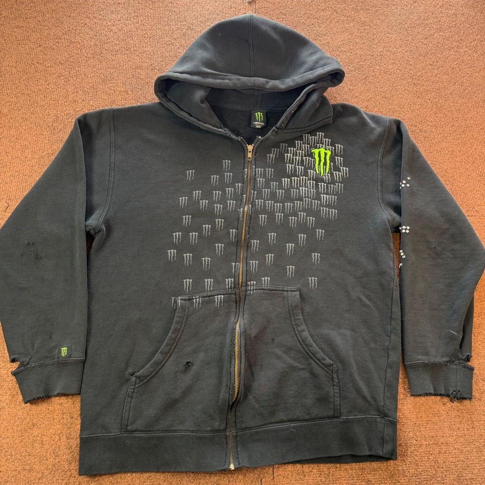 Monster Energy Black Zip Up Hoodie Distressed Rhinestone Logo Graphic Medium